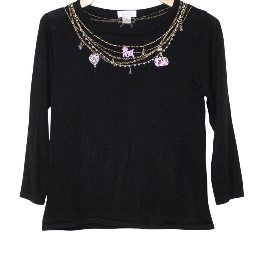 Christopher & Banks black knit Paris embroidered charms 3/4 sleeve sweater M